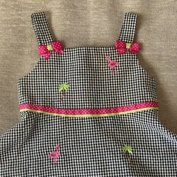 Bonnie Jean Gingham Flamingo Dress Toddler 3T Embroidered Palm Trees & Bows - Picture 3 of 10